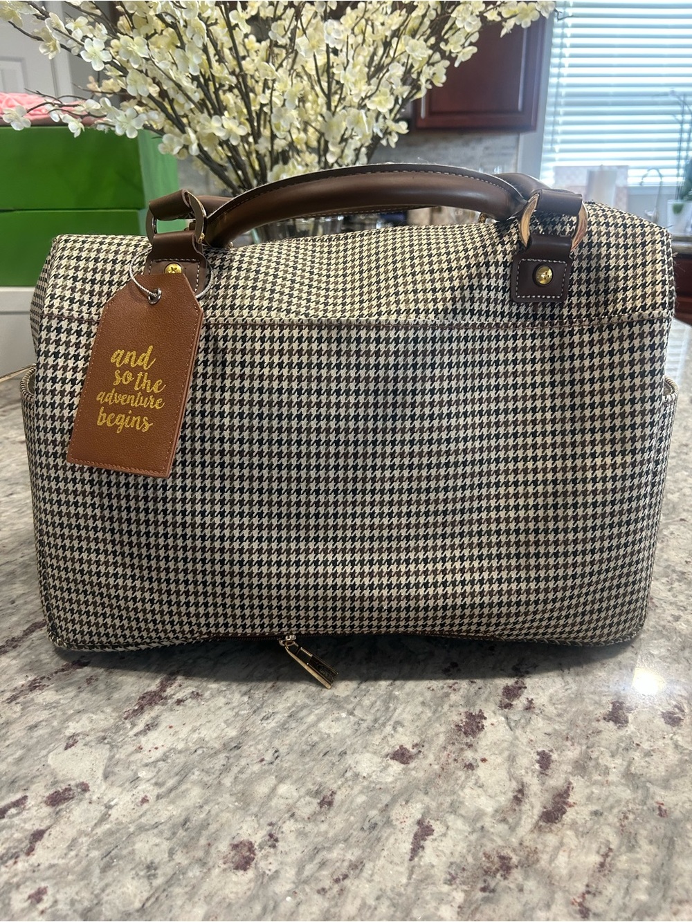 London Fog Navy/Brown/Cream Houndstooth Weekender Travel Bag